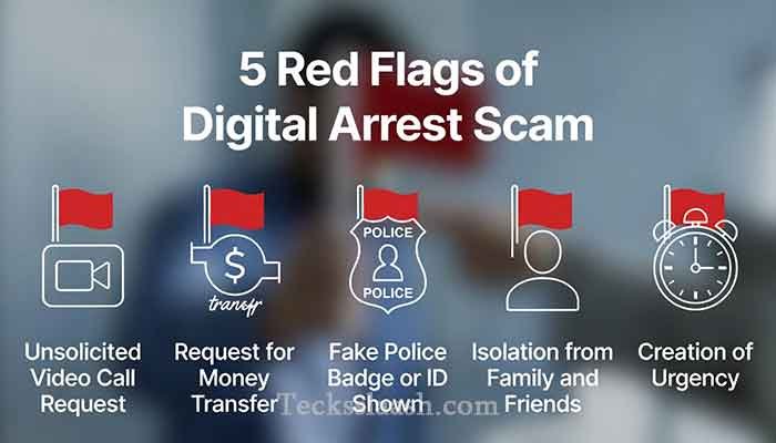 Infographic showing five warning signs of a digital arrest scam in India