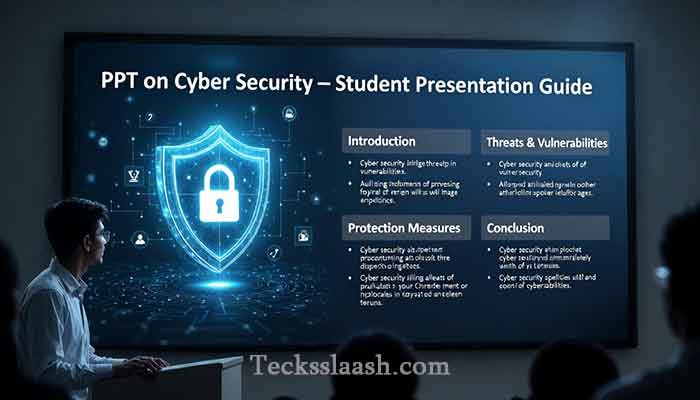 Student presenting a PPT on Cyber Security to classmates in a college classroom