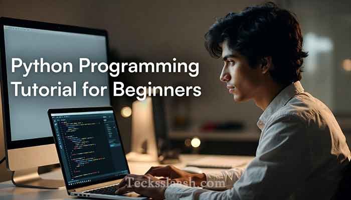 Beginner following a Python programming tutorial on laptop